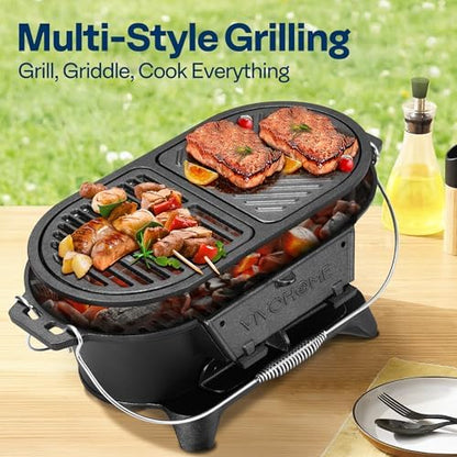 VIVOHOME Oval Cast Iron Grill with Interchangeable Grates & Griddle