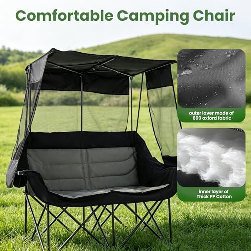 Asrug Padded Double Camping Chair with Canopy 2 Person Folding Camping Chair Loveseat with Cup Holders and Side Pockets Heavy Duty Camping Couch for Outdoor Beach 650lbs Support (Black & Dark Gray)