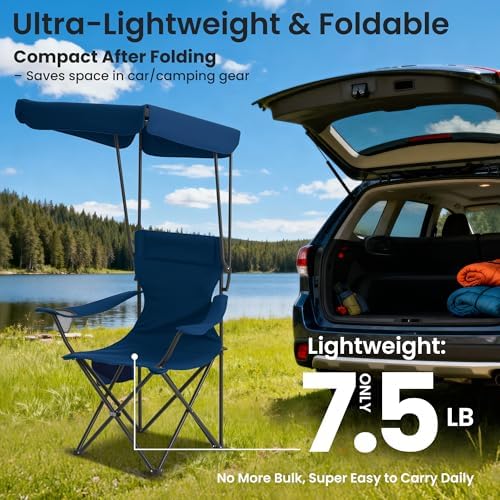 Portable Camping Chair 2 Pack with Foldable Canopy, Folding Outdoor Chair with Cup Holder & Side Pocket for Camping, Hiking, Picnic, Beach (Navy Blue)