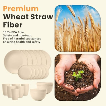 Homienly 24 PCS Premium Wheat Straw Dishes Set for 6, Reusable Plates and Bowls Sets,Cups,Lightweight & Unbreakable Dishwasher and Microwave Safe Dinnerware Sets for Kitchen,Outdoor- Beige