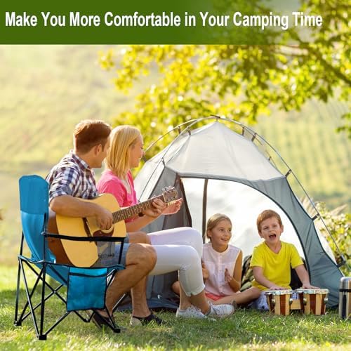 Folding Camping Collapsible Chairs Heavy Duty Lawn Chair with Cooler Bag, Storage Pocket, Waterproof Bag Outdoor Arm Chair, Supports 225LBS, Blue