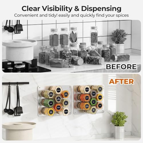 Vetacsion Set of 18 Magnetic Glass Spice Tins with 100 Preprinted Seasoning Label Stickers (Include Black Metal Wall-Plates)