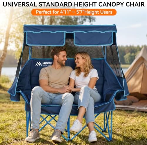 Huskfirm Double Camping Chair with Canopy Shade Folding Heavy Duty Blue
