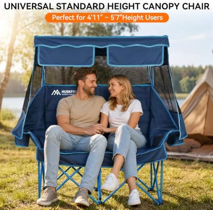 Huskfirm Double Camping Chair with Canopy Shade Folding Heavy Duty Blue