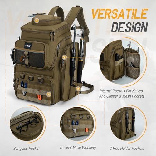 Goture Fishing Backpack with Cooler,55L 900D Tackle Backpack & Rod Holders