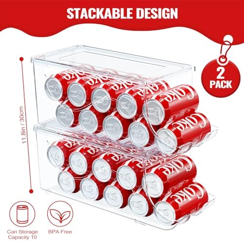 SCAVATA 2 Pack Stackable Refrigerator Organizer, Soda Can Dispenser Pop Cans Container Beverage Holder with Lid for Fridge, Freezer, Kitchen, Clear Plastic Storage Bins-Holds 10 Cans Each