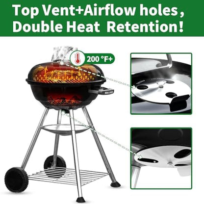 BEAU JARDIN Premium 18 Inch Charcoal Grill for Outdoor Cooking Barbecue Camping BBQ Coal Kettle Grill Tailgating Portable Heavy Duty Round with Thickened Grilling Bowl with Wheels