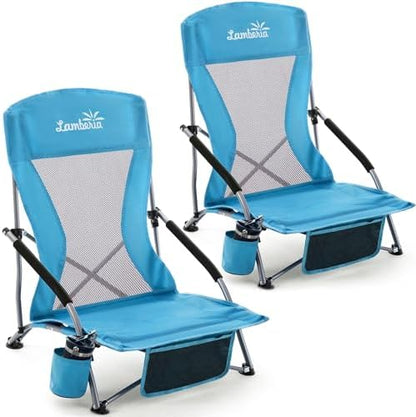 Lamberia Folding Beach Chair for Adults 2 Pack, Portable Low Beach Chairs with 300lbs Capacity, Lightweight Fodable Camping Chair for Travel, Picnic, Concert & Outdoor Activities, Blue