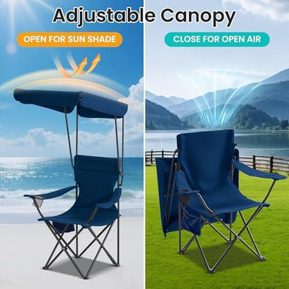 Portable Camping Chair 2 Pack with Foldable Canopy, Folding Outdoor Chair with Cup Holder & Side Pocket for Camping, Hiking, Picnic, Beach (Blue)