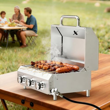 Bestfire 3-Burner Tabletop Propane Gas Grill with Dual Connections, 30,000 BTU Portable Propane Grill Fits Large Cylinders & Small Canisters, Knobs, Compact Design for Camping, RV, BBQ