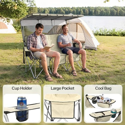 BESTHLS Portable Folding Camping Chair with Canopy Shade for 3 Person White