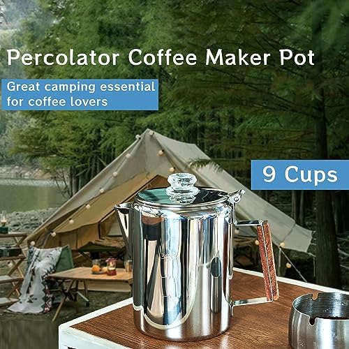 Camping Coffee Percolator Stainless Steel, Stovetop Camp Coffee Maker 9 Cup