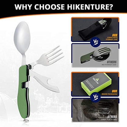 Hikenture Camping Utensils, 4-in-1 Stainless Steel Fork Spoon Knife Set