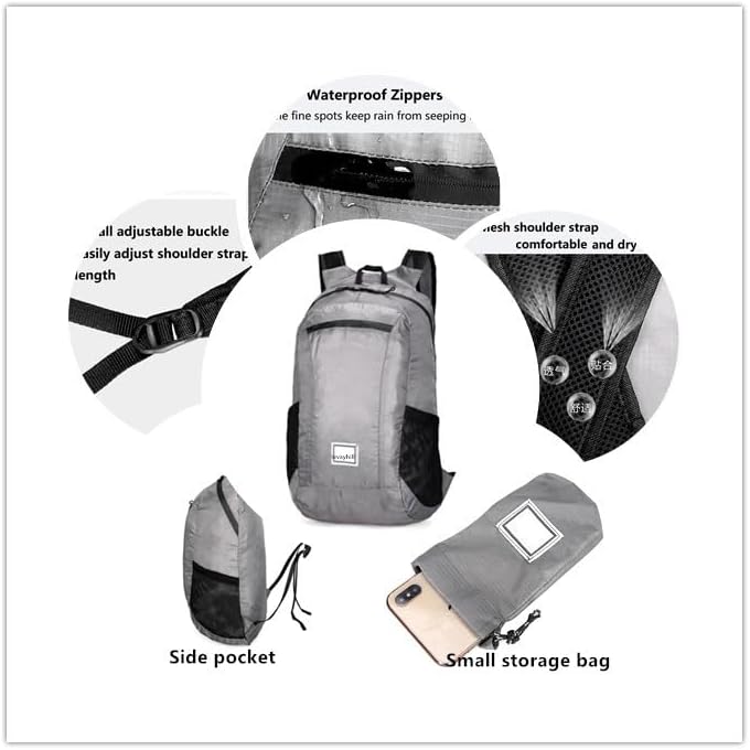 Small Foldable Hiking Daypack Packble Skin Casual Backpack Camping Cycling Travel Outdoor Day Bags Useful (Gray)