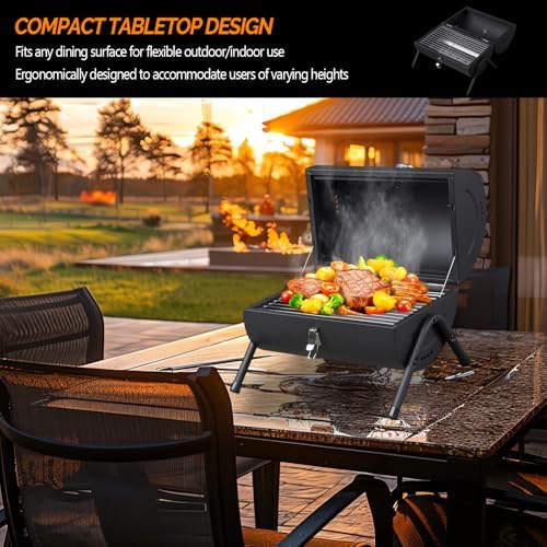 VINGLI Portable Charcoal Grill with Thermometer & Wooden Handle, Multi-functional Metal Compact Tabletop BBQ Outdoor Charcoal Grill for Camping Travel Picnic Patio