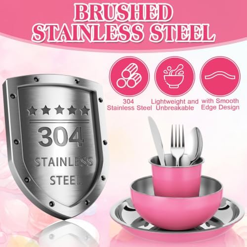 Jinei 24 Pcs Stainless Steel Camping Dinnerware Set for 4,Pink and Blue