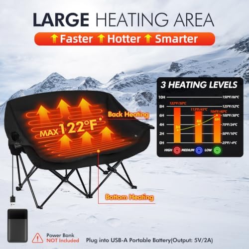 Heated Double Camping Chair - Heated Loveseat Padded Chairs for 2 Person