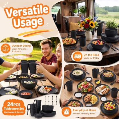 Wrova Black Plates and Bowls Sets for 4, Wheat Straw Dinnerware Sets 24PCS