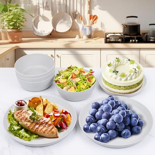 EI 12pcs Wheat Straw Dinnerware Set of 4,Plastic Plates Reuasble Unbreakable,Plastic Plates and Bowls Sets for Camping,Picninc,Family Dinner