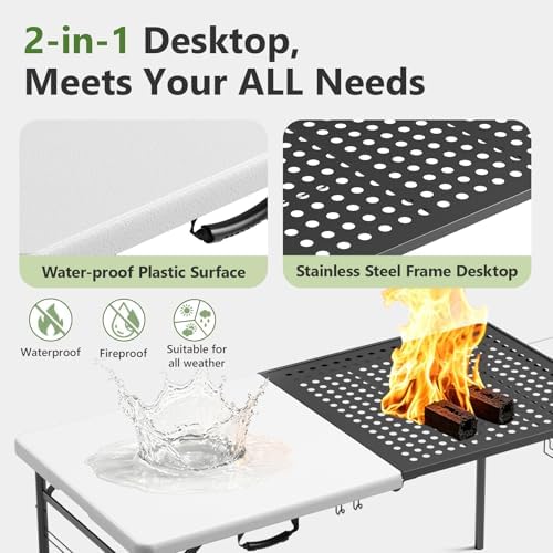 Folding Table 2 Pack, 5ft Folding Grill Table, Portable Camping Table for Cooking&BBQ Prep, 2-in-1 Metal&Solid Surface Foldable Grill Station for Camping Cooking, Backyard, Patio Use(Black and White)