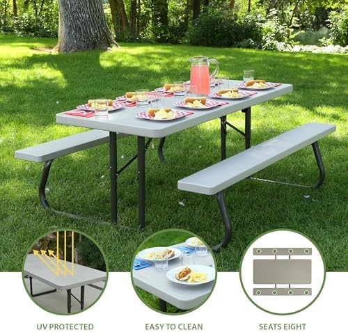 LIFETIME 6‑Foot Folding Picnic Table, Outdoor Portable Bench Seating for 8, UV‑Protected HDPE, Powder‑Coated Steel Frame, Stain‑Resistant, Folds Flat for Storage