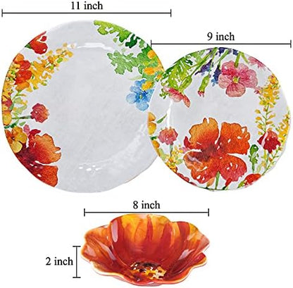 UPware 12 Piece Floral Melamine Dinnerware Sets, Outdoor Dishes Set, Plates and Bowls Sets, Service for 4, Multicolor