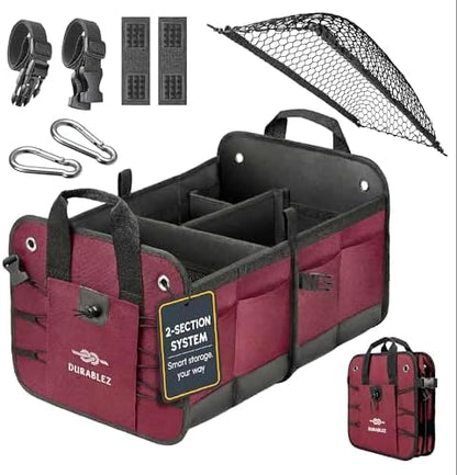 Car Trunk Organizer - Collapsible, Foldable - with Covering Net, Removable Dividers, Attachable Non-Slip Pads, Mounting Straps, and Stainless Hooks - for SUV, Truck, Sedan, Minivan, and Van - Cherry