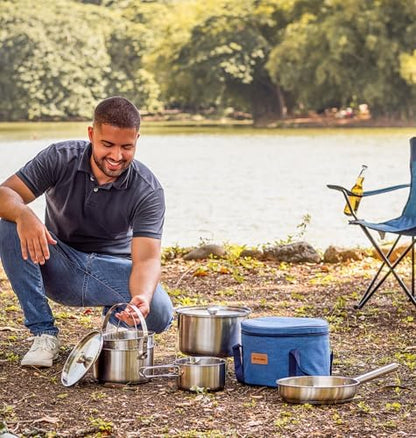 Camping Cookware Set 304 Stainless Steel 8-Piece Pots & Pans Open Fire Cooking Kit | Frying Pan Steamer with Travel Tote Bag | Compact For Outdoors & Indoors Kitchen Family Campfire Hiking RV