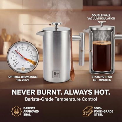 Barista Warrior French Press Coffee Maker - Double-Wall Stainless Steel Insulated French Press with Built-In Thermometer, Dual Filters Coffee Maker with Wooden Spoon - Silver