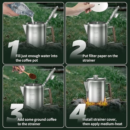 Coffee Percolator with 100pcs Coffee Filters - 6 Cups | Durable Stainless Steel Material Camping Coffee Pot| Brew Coffee On Fire, Grill or Stovetop | Ideal for Home, Camping