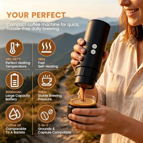 Electactic Portable Coffee Maker with Self-Heating, Small Travel Coffee Maker with 9000mAh Battery for 200+ Cups, Camping Coffee Maker for Ground Coffee & Nespresso Pods