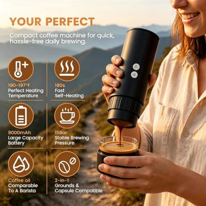 Electactic Portable Coffee Maker with Self-Heating, Small Travel Coffee Maker with 9000mAh Battery for 200+ Cups, Camping Coffee Maker for Ground Coffee & Nespresso Pods