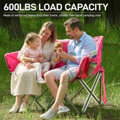 EVER ADVANCED Double Padded Camping Chair for Adults,Portable Couch, Two Person Heavy Duty Outdoor Chair, 600lbs, Pink