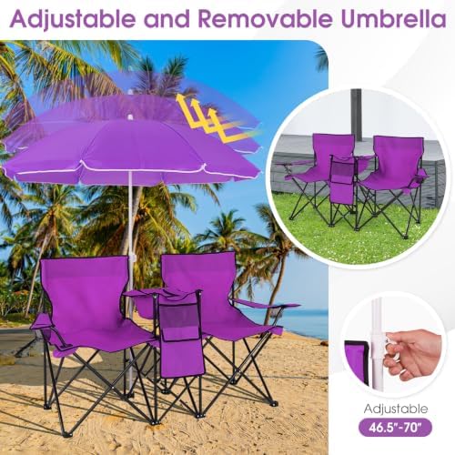 Goplus Double Camping Chairs with Umbrella, Cooler for Beach Patio