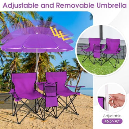 Goplus Double Camping Chairs with Umbrella, Cooler for Beach Patio