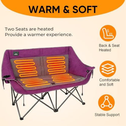 Northroad Heated Folding Loveseat Camping Chair Portable Double Duo Full Padded Garden Chair for 2 Person w/2 Cup Holder,Wine Glass Holder,Mesh Storage (Battery NOT Included)