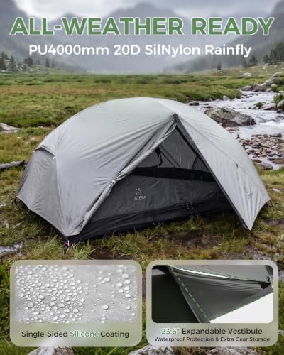 ATEPA Voyage 1-2 Backpacking Tent, Ultralight 20D SilNylon 4 Season Camping Tent, 4000mm Waterproof Freestanding Tent with Expandable Vestibule for Hiking, Bikepacking & Mountaineering