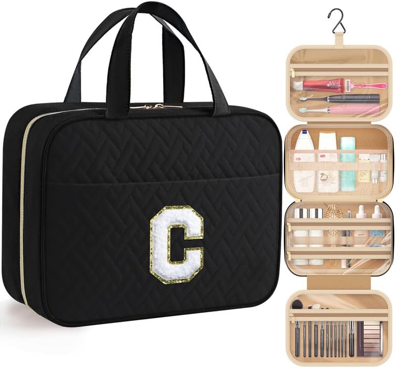 HOTOR Travel Toiletry Bag - Personalized Chenille Initial Makeup Bag, Water-Resistant Personalized Gifts for Women, Portable Travel Accessories & Essentials, Letter C, Black, 11.4"×9.0"×3.35"