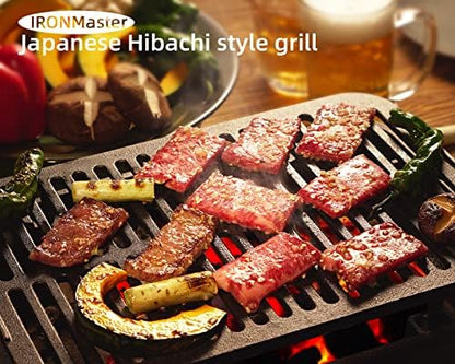 IronMaster Hibachi Grill Outdoor, Small Portable Charcoal Grill, Pre-Seasoned Cast Iron, Japanese Yakitori Camping Grill - 2 Heights, Air Control, Coal Door, Ideal for 2 People