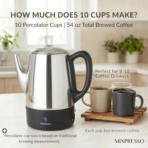Mixpresso 10 Cup Electric Percolator Coffee Pot, Stainless Steel