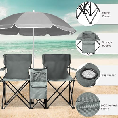 Outvita Folding Double Camping Chair w/Umbrella, Cooler for Beach Patio L