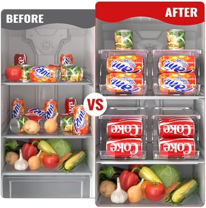 SCAVATA Stackable Refrigerator Organizer, Soda Can Dispenser Pop Cans Container Beverage Holder with Lid for Fridge, Freezer, Kitchen, Clear Plastic Storage Bins-Holds 10 Cans Each (One)