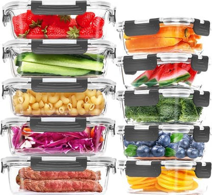 10-Pack Large Glass Meal Prep Containers, Food Storage Containers with Lids