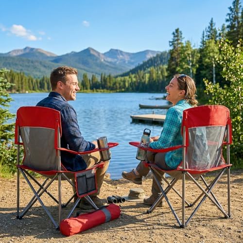 2 Pack Camping Chairs for Adults,Oversized Mesh Back Lawn Chair with Cup Holder, Side Pocket&Bag for Outdoor,Beach,Picnic,Fishing,and Sports,Breathable,Heavy Duty,Red