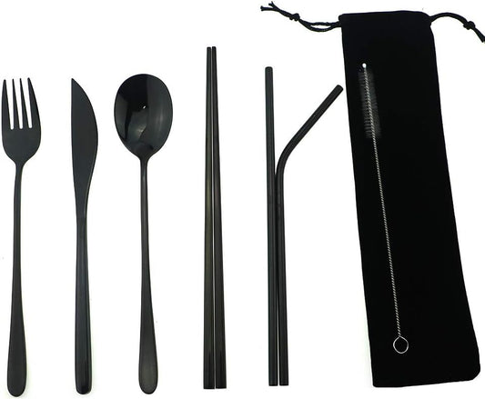 7 Pcs Portable Flatware Set, 304 Stainless Steel Cutlery Set Travel Utensils Set w/Pouch Fork Spoon Chopsticks Straws for Travel Camping Office, Dishwasher Safe (Black)