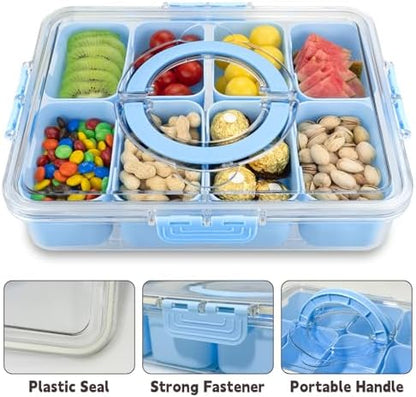 Divided Serving Tray with Lid and Handle,8 Compartments Snacks Box,Snack Fruit Veggie Tray,Portable Platter for Candy Fruits Nuts Snack Party Entertaining Picnic (Blue)