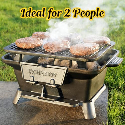 IronMaster Hibachi Grill Outdoor, Small Portable Charcoal Grill, Pre-Seasoned Cast Iron, Japanese Yakitori Camping Grill - 2 Heights, Air Control, Coal Door, Ideal for 2 People