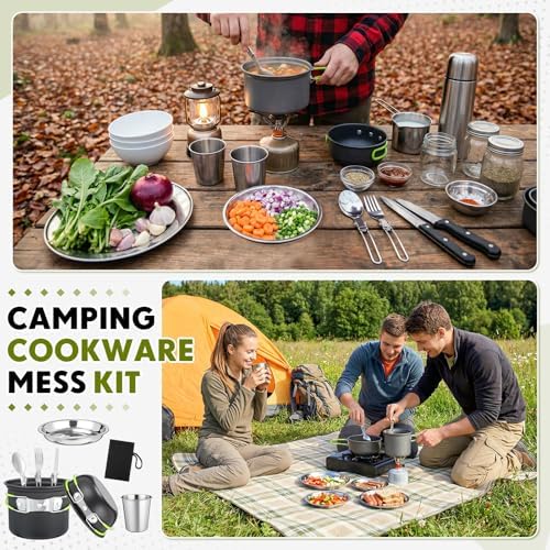 18-Pcs Camping Cookware Mess Kit for 2, Non-Stick Lightweight Pot Pan Set with Stainless Steel Cups & Plates, Folding Utensils with 3 Storage Bags for Emergency Prep, Hiking, Picnic