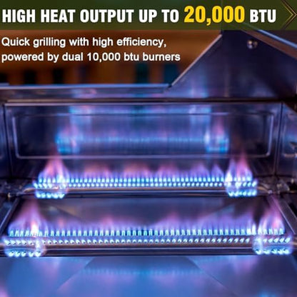 Bestfire Tabletop 2-Burner Gas Grill, 20,000 BTU Stainless Steel Portable Propane Grill, Removable Legs, Push-Button Ignition, Thermometer, for Outdoor Patio, Camping, Tailgating & RV