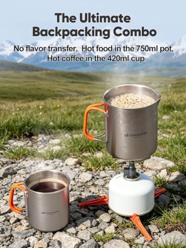 Odoland Titanium Camping Cookware 420ML & 750ML Titanium Pot with Lid and Spork Lightweight Camping Pot for Backpacking Hiking Traveling and Picnic